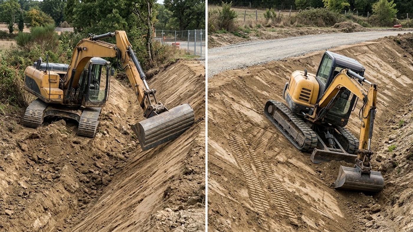 À gauche, le vérin incline le godet, la pente se suit sans bouger la machine. À droite, sans inclinaison, la pelle se repositionne et marque le talus fini. Image de synthèse.