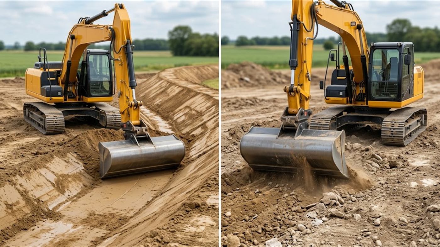 À gauche, large et lisse, il cure le fossé en une passe et laisse une surface finie. À droite, sans dents, il n'attaque pas un terrain compact et n'ouvre pas de tranchée. Image de synthèse.