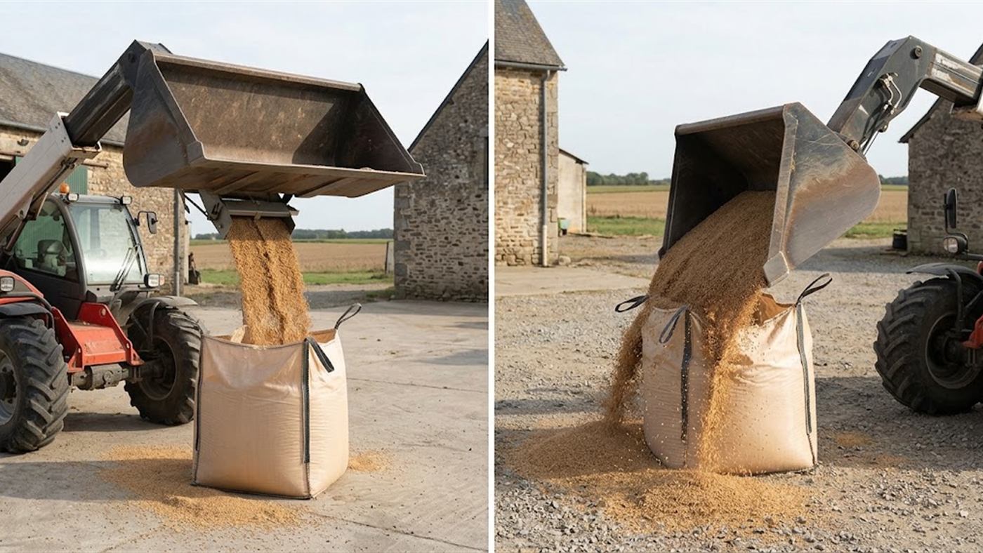 À gauche, la vanne s'ouvre sous le godet et le vrac coule droit dans le sac. À droite, un godet ordinaire qui bascule déborde et répand le vrac autour du sac. Image de synthèse.