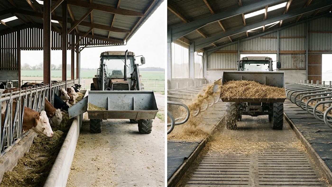 À gauche, la goulotte latérale dépose l'ensilage démêlé le long de l'auge. À droite, le même godet paille les logettes en projetant la paille hachée. Image de synthèse.