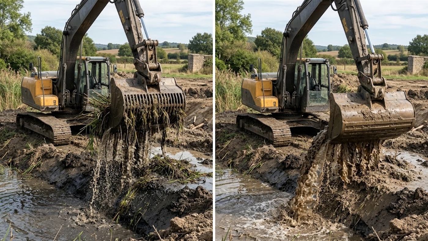 À gauche, l'eau s'écoule entre les barreaux, la végétation et la vase restent dedans. À droite, avec un godet plein, l'eau déborde et repart dans le fossé. Image de synthèse.