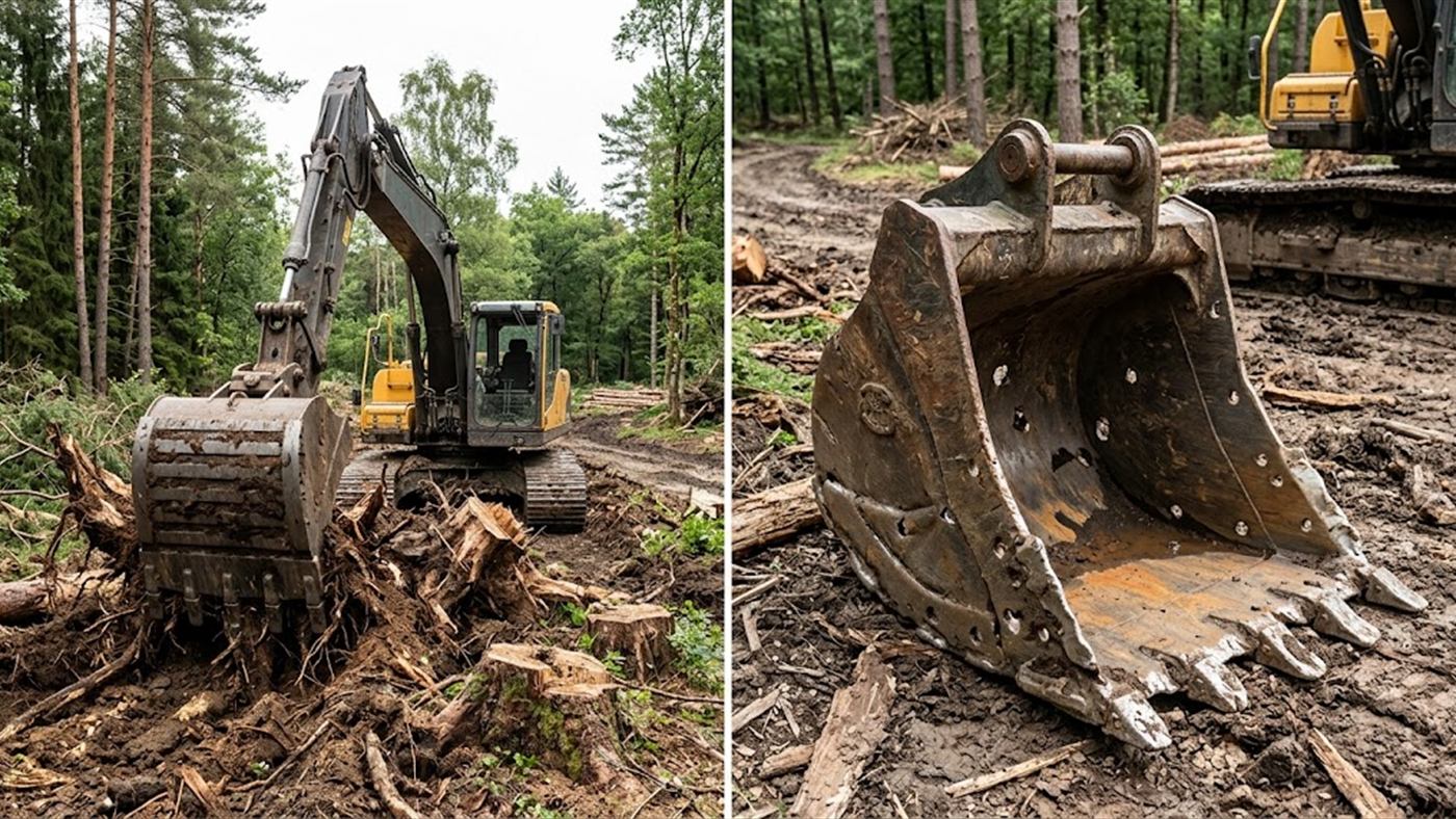 On the left, reinforced body and ripping teeth for stumps, stones and roots. On the right, an ordinary bucket comes out of forest ground holed and bent out of shape. Computer-generated image.