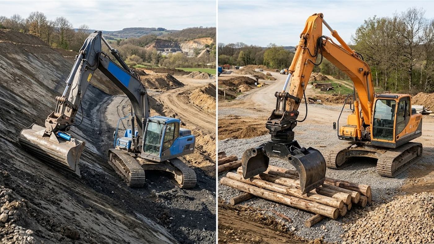 À gauche, le vérin intégré au godet n'incline que ce godet-là. À droite, l'attache inclinable incline tous les outils que la machine reçoit. Image de synthèse.