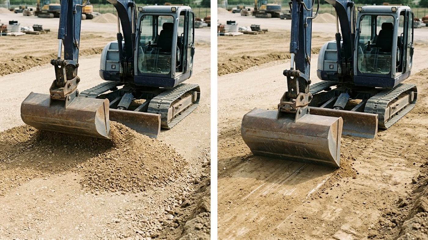 À gauche, le godet lisse reprend un tas sur une plateforme sans y laisser de sillon. À droite, sur un terrain en place, l'arête lisse glisse au lieu de pénétrer. Image de synthèse.