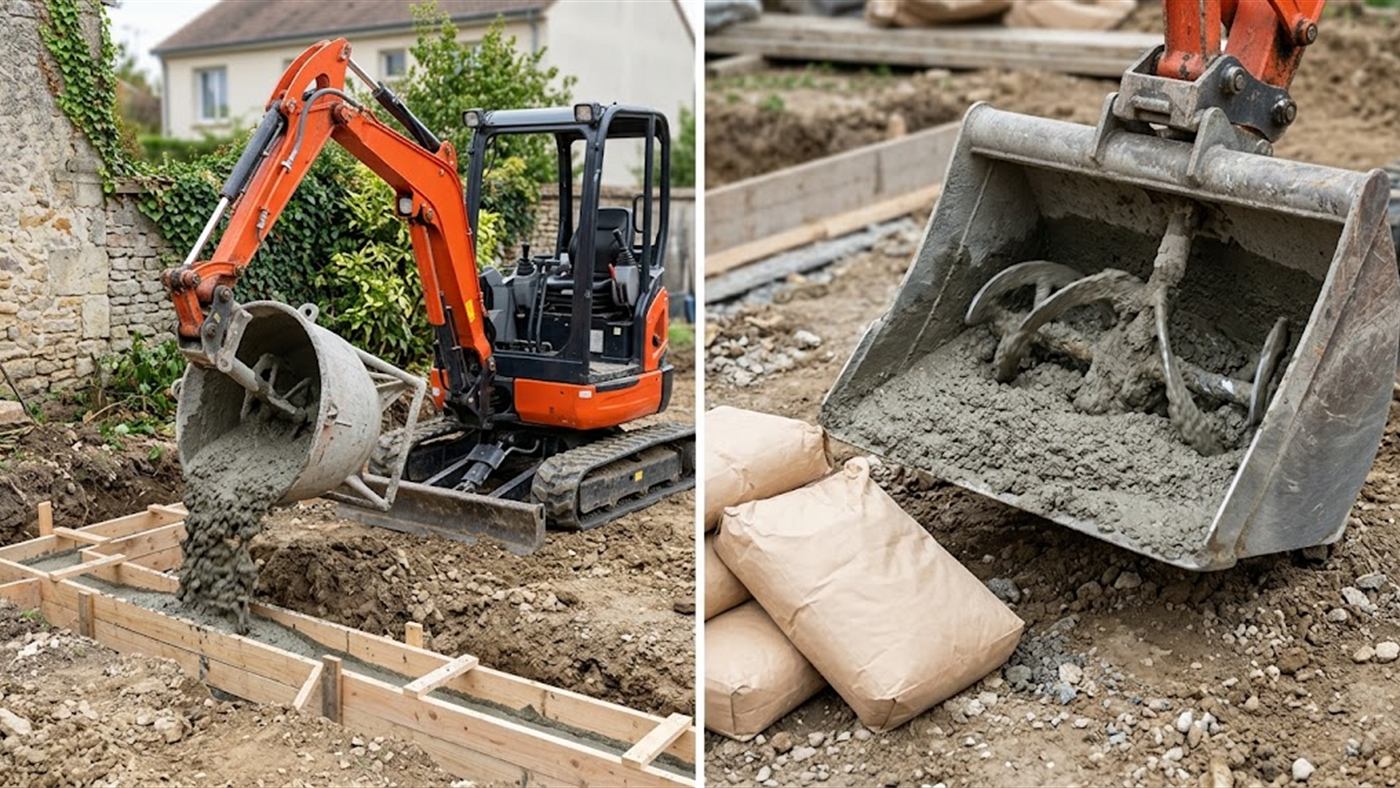 À gauche, le béton est malaxé dans le godet et coulé directement au point d'emploi. À droite, les pales mélangent ciment, granulats et eau, gâchée après gâchée. Image de synthèse.