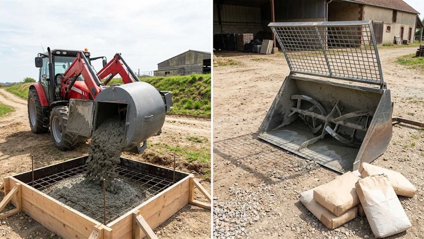 À gauche, la trappe s'ouvre et le béton coule dans le coffrage du plot. À droite, la grille reçoit les sacs, la cuve fermée malaxe pendant le trajet. Image de synthèse.