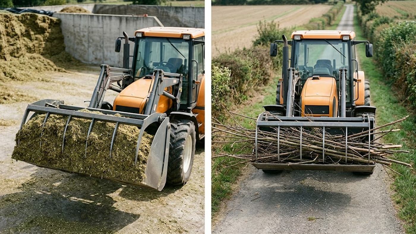 À gauche, parois montées, il retient l'ensilage haché court sans rien perdre. À droite, parois déposées, il prend des matières longues qui dépassent sur les côtés. Image de synthèse.