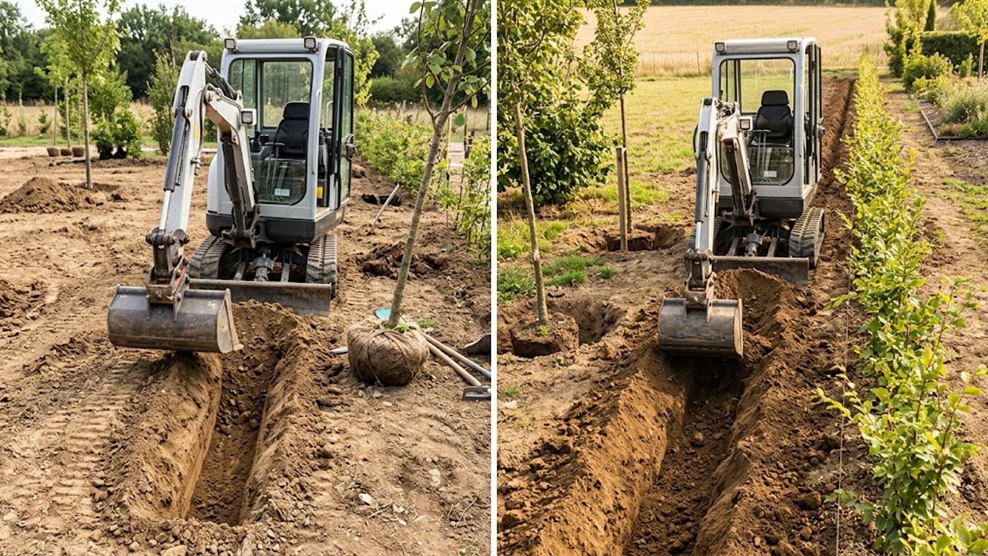 À gauche, il ouvre la fosse et remonte une terre ameublie pour la motte. À droite, en haie, il ouvre une tranchée continue plutôt qu'un trou par plant. Image de synthèse.