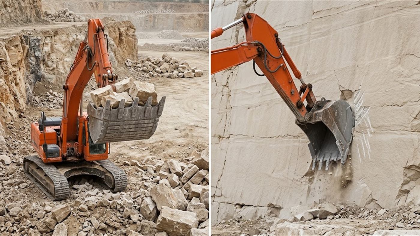 On the left, it picks up rock that is already fractured, the blocks stay in the bucket. On the right, against solid rock in place, it breaks its teeth without fracturing it. Computer-generated image.