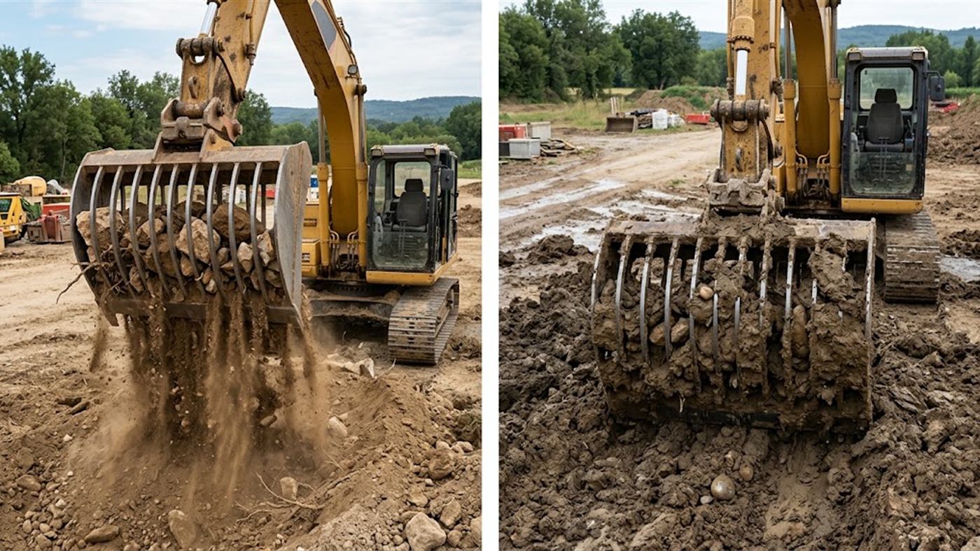 Links: die trockene Erde geht zwischen den Stäben hindurch, Steine und Wurzeln bleiben drin. Rechts: in feuchtem Lehmboden kleben die Klumpen und setzen die Stäbe zu. Computergeneriertes Bild.