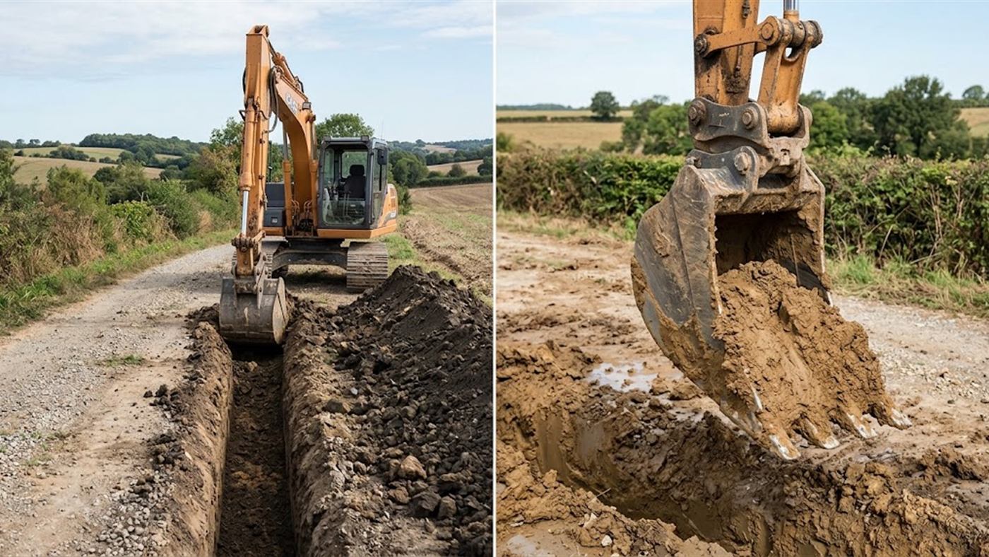 À gauche, une tranchée à la largeur du réseau, moins de déblai et de remblai. À droite, dans une argile grasse, le godet étroit colle et se vide mal. Image de synthèse.
