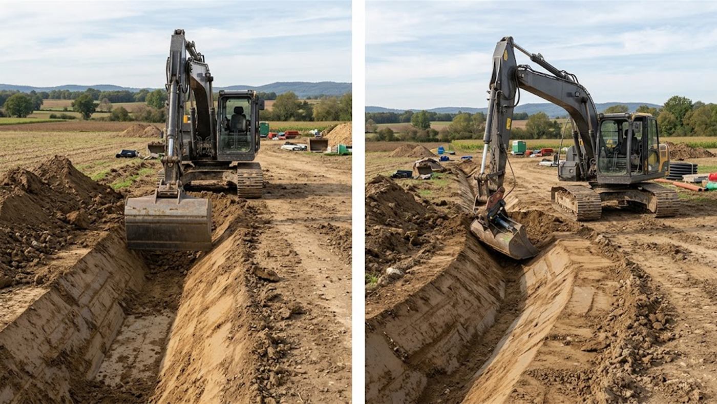 On the left, the shape of the bucket gives the ditch its profile in a single pass. On the right, for changing profiles, the tilting ditching bucket takes over. Computer-generated image.