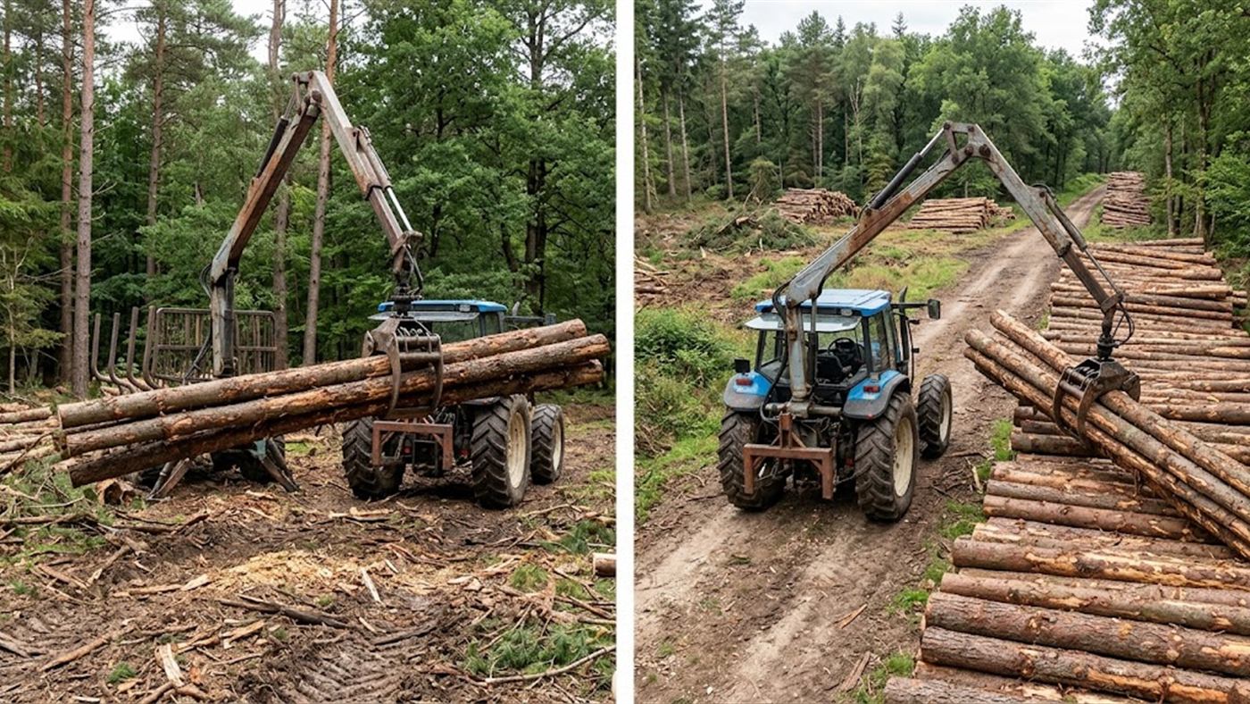 À gauche, le grappin pivote sur son rotateur et serre les troncs par le dessus. À droite, le tracteur empile les troncs en bord de chemin forestier. Image de synthèse.