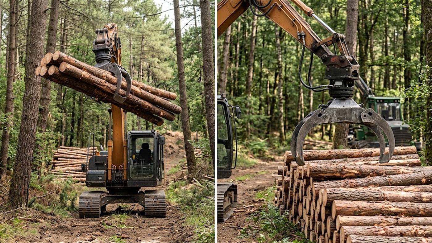 On the left, the curved jaws hug the wood, the armful holds without rolling. On the right, jaws open above the logs, ready to grab several of them. Computer-generated image.
