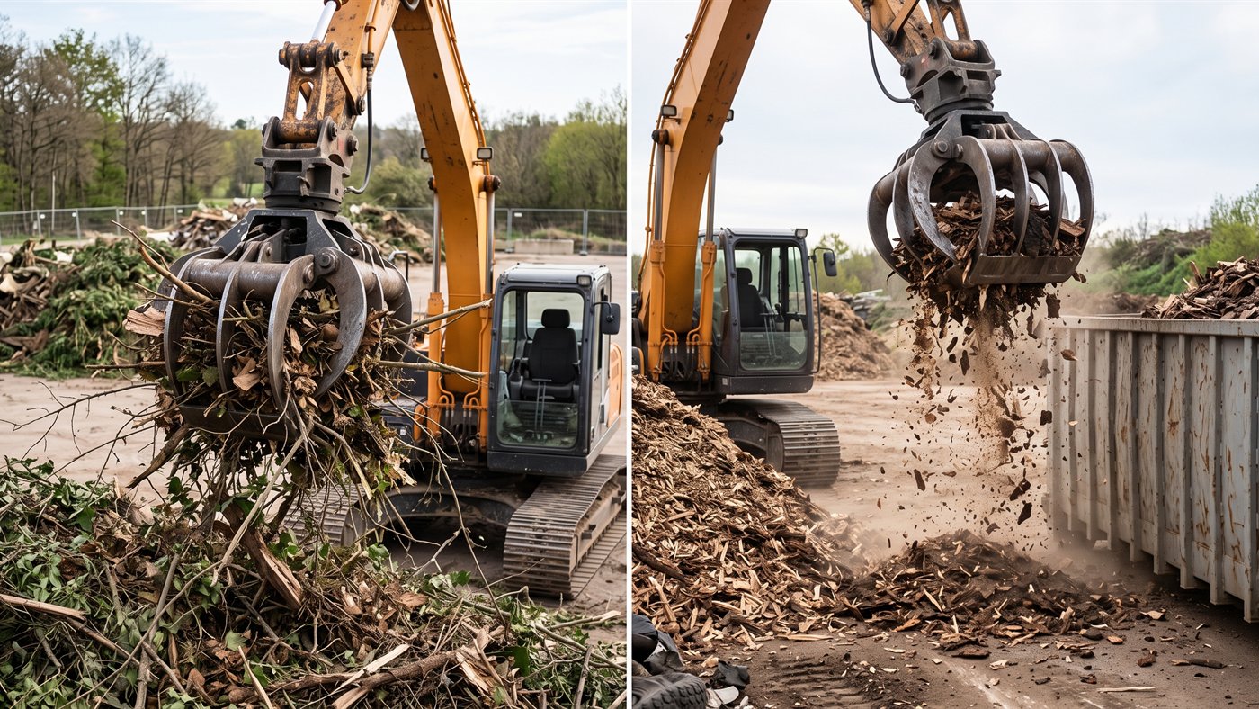 On the left, the interlocking tines bite into a heap of tangled branches and carry it off in one piece. On the right, with fine bulk material, the chips and soil escape between the tines, between the heap and the skip. Computer-generated image.