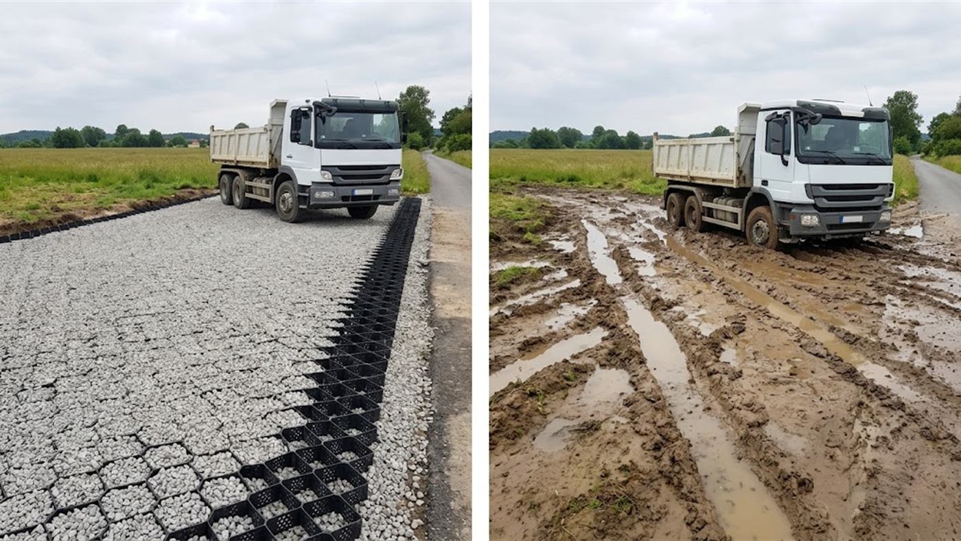 On the left, the cellular grids filled with gravel form a firm area, the lorry parks on it without marking the ground. On the right, without grids, the same area is a quagmire cut with ruts where the lorry gets bogged down. Computer-generated image.
