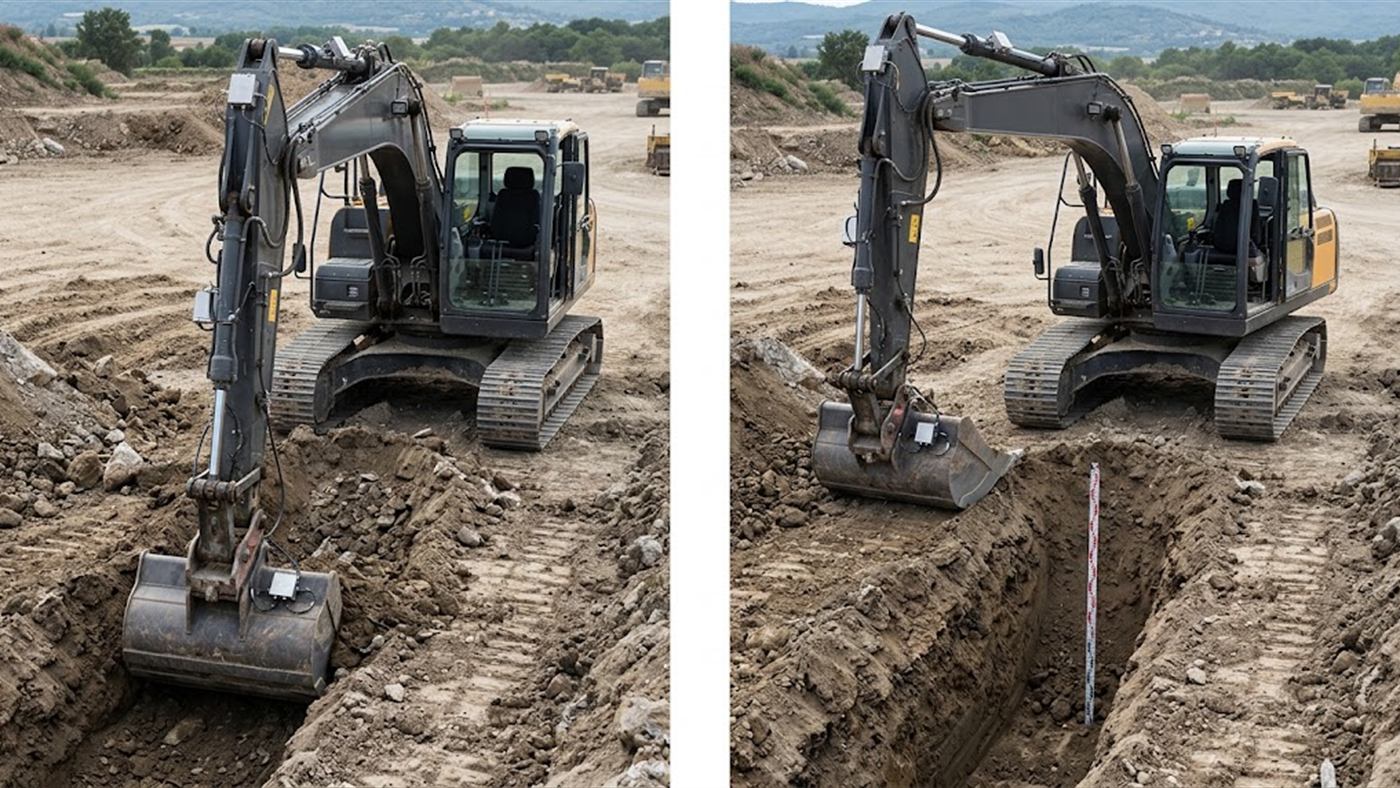 On the left, sensors on the equipment, the depth is read continuously in the cab. On the right, without guidance, the machine stops to check the level with the staff. Computer-generated image.