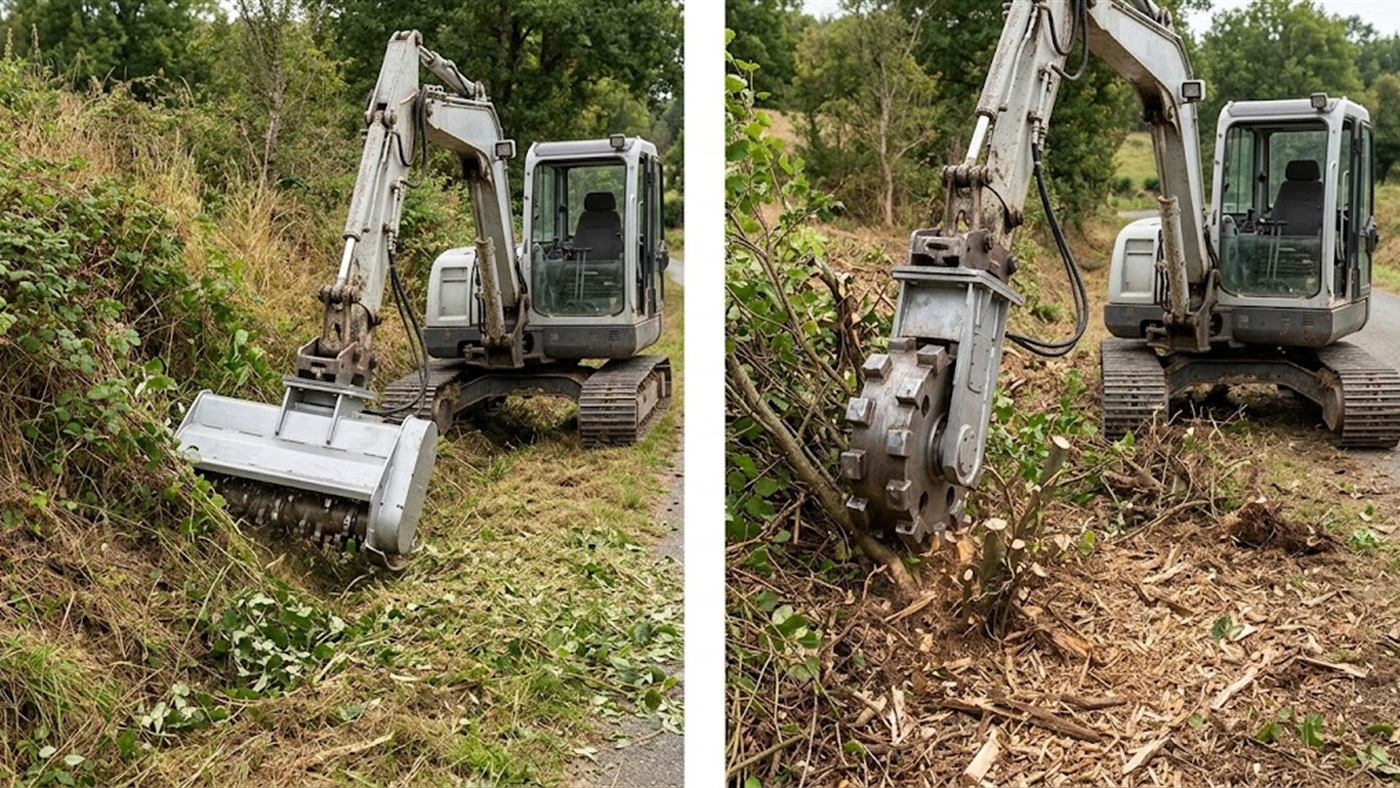 À gauche, fléaux souples pour l'herbe et les rémanents fins, broyés sur place. À droite, marteaux massifs pour le bois et les petites souches. Image de synthèse.