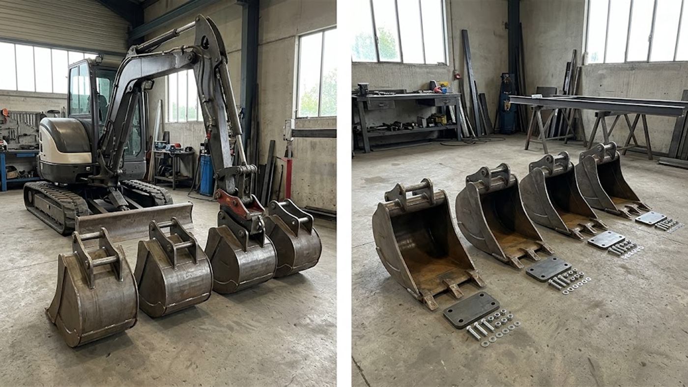 À gauche, tout le parc d'outils converti au même standard d'attache rapide. À droite, des outils encore au montage direct, leur platine neuve posée à côté. Image de synthèse.