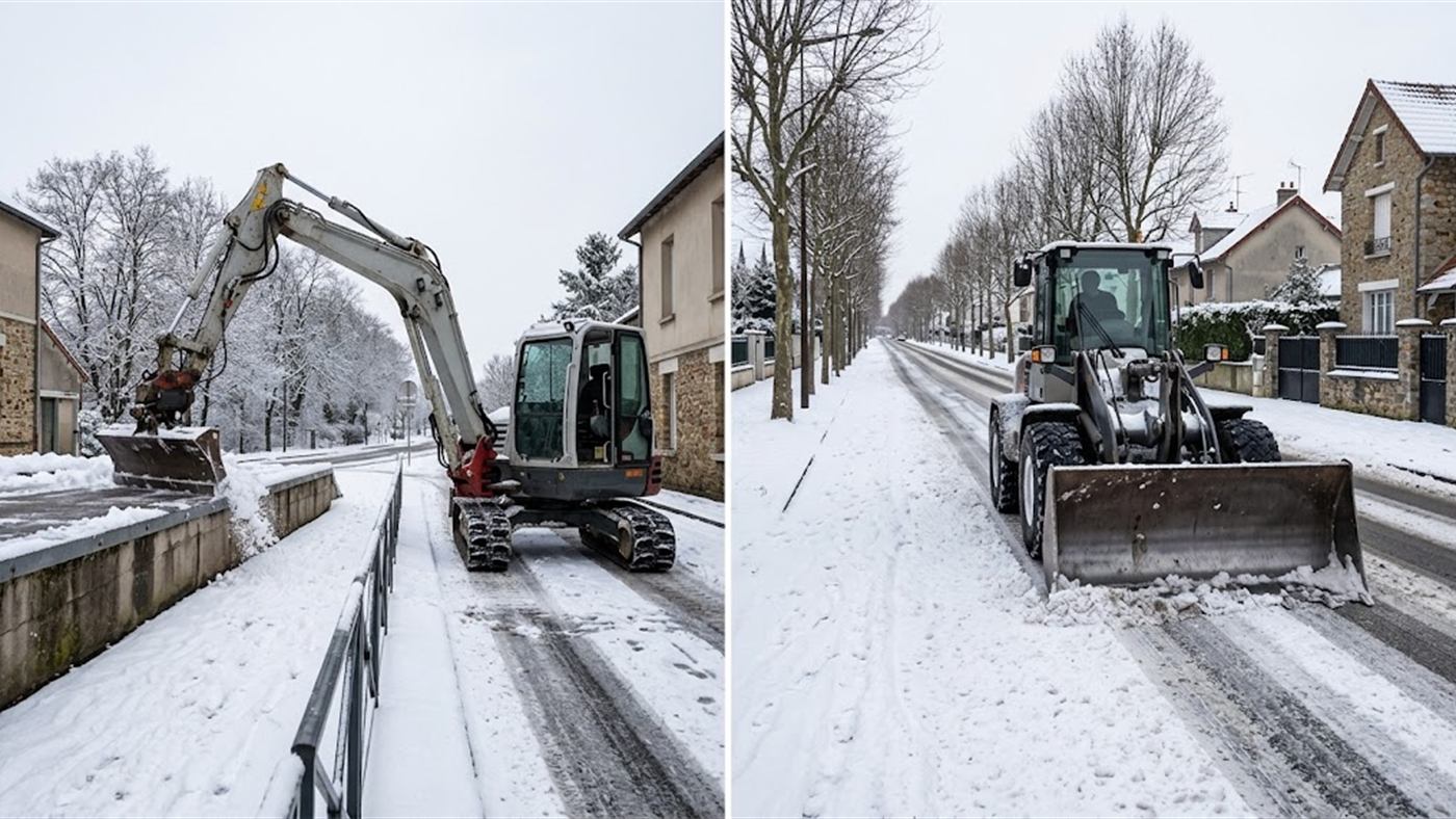 À gauche, le bras de la pelle déneige derrière une glissière, hors de portée d'un frontal. À droite, sur une longue route, une chargeuse à lame frontale déneige bien plus vite. Image de synthèse.