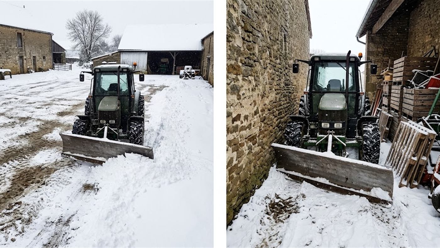 À gauche, une large lame de tracteur dégage la neige d'une grande cour de ferme. À droite, dans une allée étroite et encombrée, la grande largeur devient un handicap. Image de synthèse.