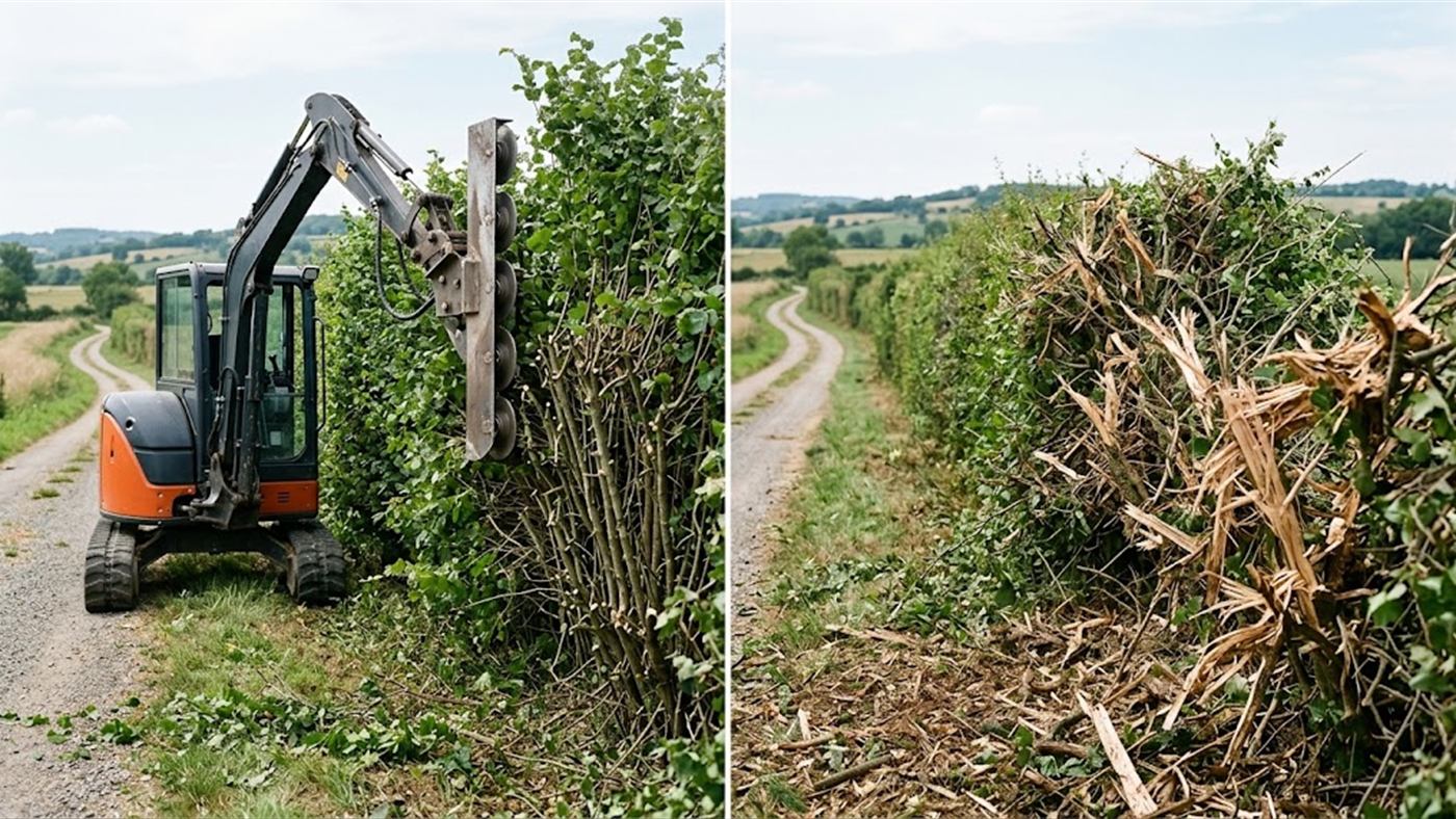 À gauche, le lamier à disques taille la haie en face droite, aux coupes nettes. À droite, passée au broyeur, la même haie garde des branches éclatées et déchirées. Image de synthèse.