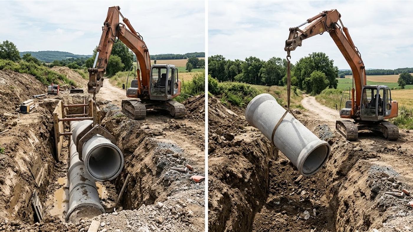 À gauche, le lève-tube descend et emboîte le tube, sans personne au fond de la fouille. À droite, à l'élingue, le tube penche et tourne au-dessus de la tranchée. Image de synthèse.