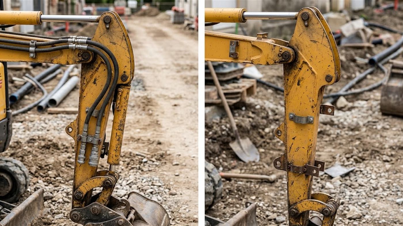 À gauche, des flexibles courent le long du balancier et finissent par des raccords. À droite, un balancier nu, sans flexible ni raccord, où aucun outil ne se branche. Image de synthèse.