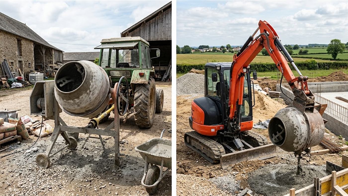 À gauche, le malaxeur posé sur ses pieds, entraîné par la prise de force du tracteur. À droite, un godet malaxeur immobilise la pelle pendant toute la durée du mélange. Image de synthèse.