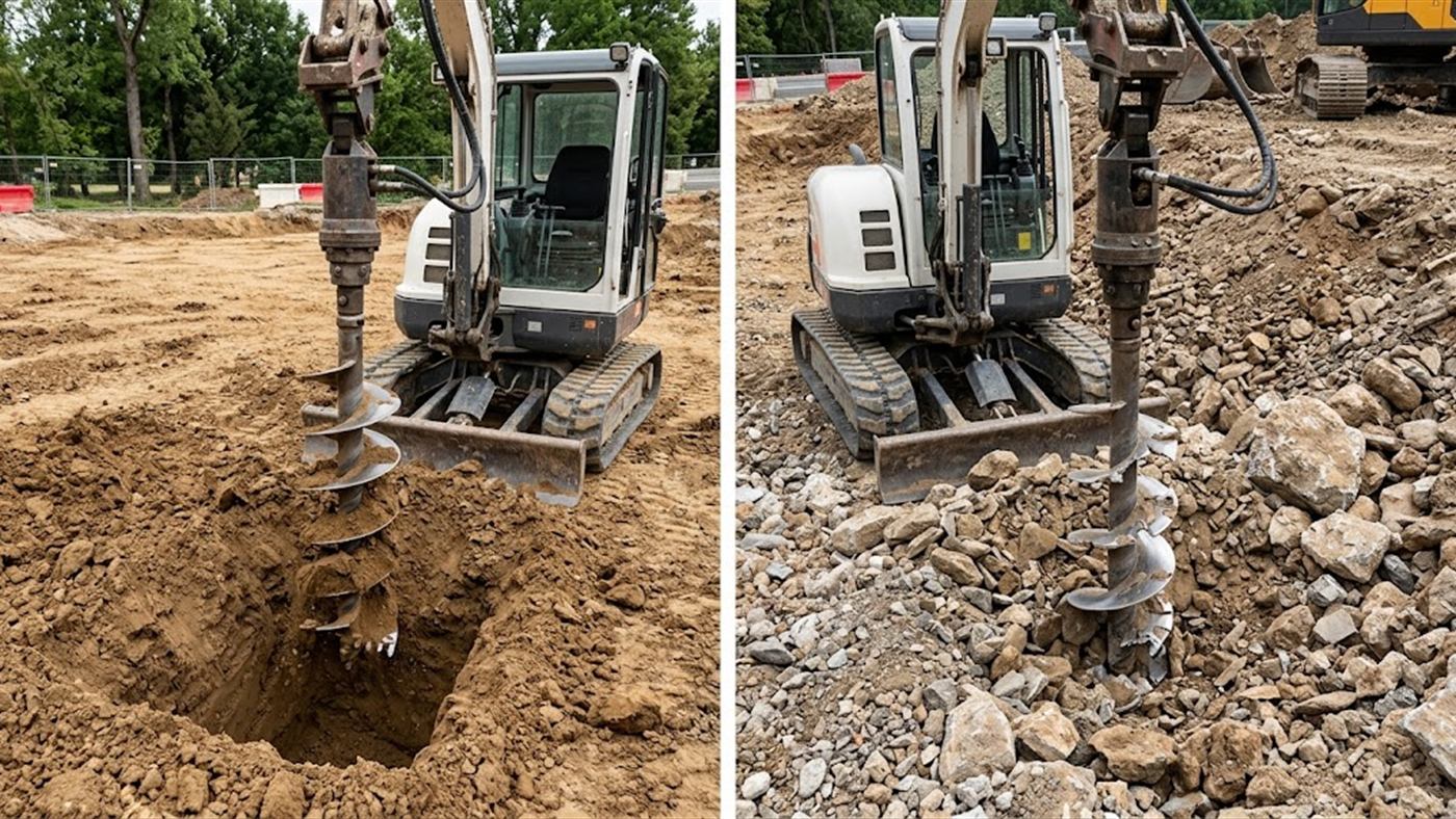 À gauche, en terre franche, la mèche avance régulièrement et l'hélice remonte le déblai. À droite, en terrain caillouteux, les dents se déchaussent et la pointe s'émousse. Image de synthèse.