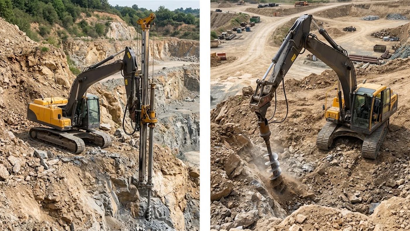 On the left, on a bench in the bank, the drill mast holds the axis of the hole. On the right, an auger alone at the end of the arm drifts and drills crooked. Computer-generated image.