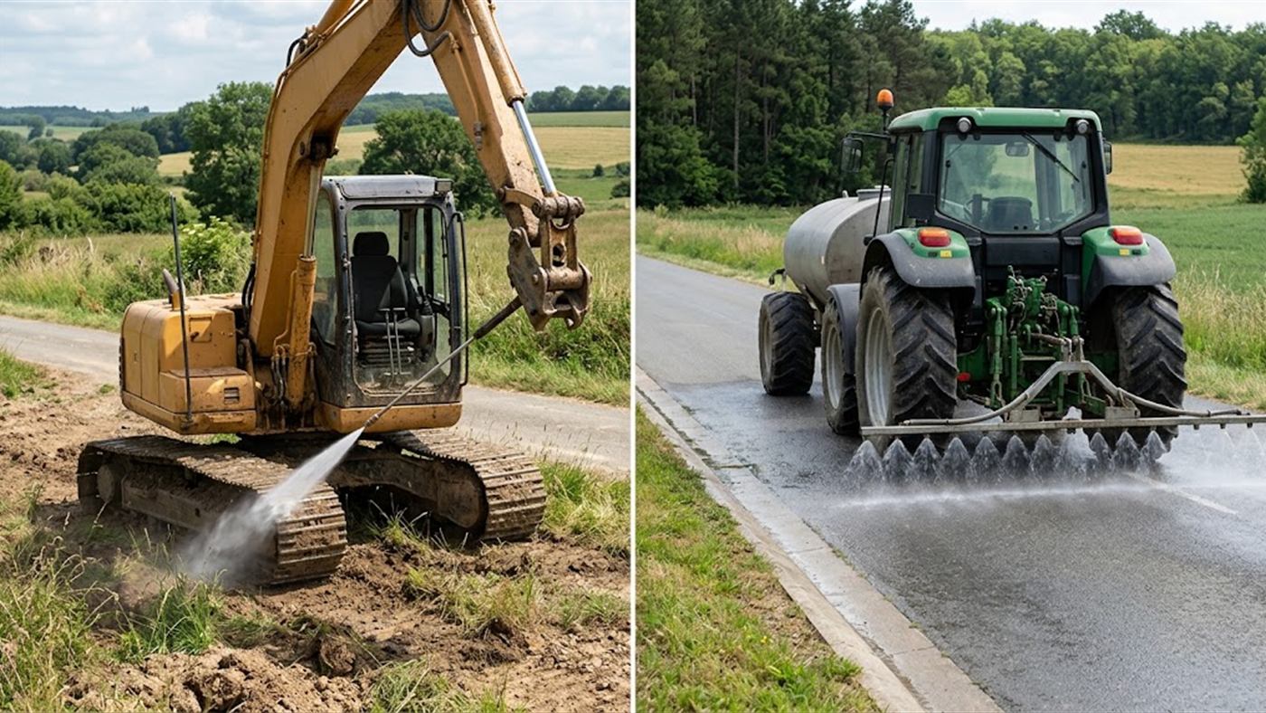 À gauche, sur un chantier isolé, la pelle déjà présente lave ses chenilles avant la route. À droite, le porteur habituel, un tracteur à cuve, lave en roulant le long de l'ouvrage. Image de synthèse.