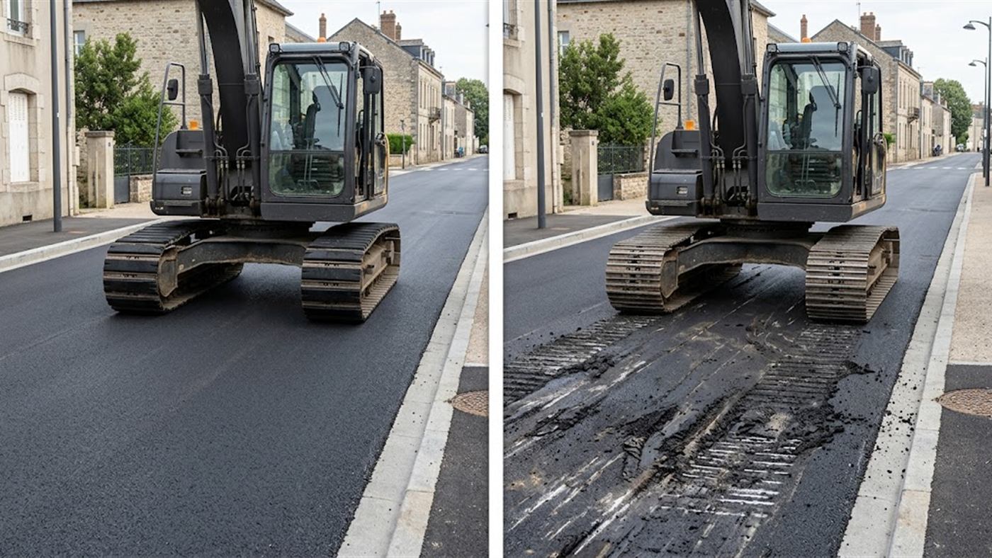 À gauche, des surpatins en caoutchouc protègent l'enrobé sous les chenilles. À droite, avec des patins acier nus, l'enrobé est rayé et entaillé. Image de synthèse.