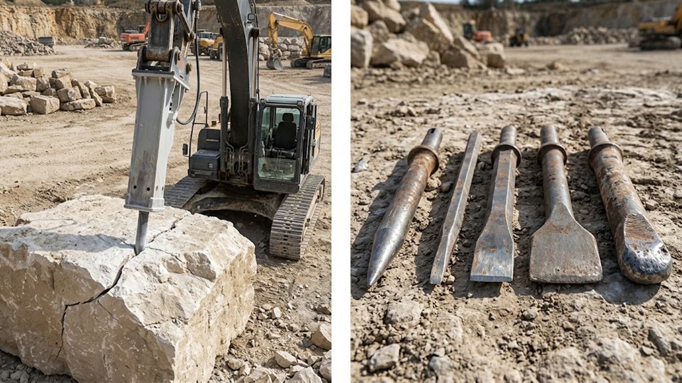 On the left, a new point pierces the rock by concentrating the energy on one spot. On the right, the common profiles side by side, and a battered point with a flattened tip. Computer-generated image.