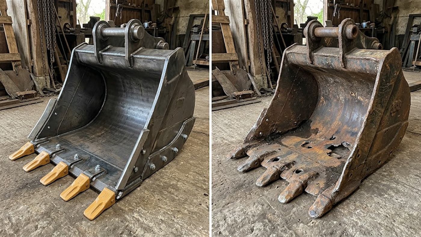 À gauche, dents, porte-dents, lame et flancs neufs, qui s'usent à la place du godet. À droite, dents usées jusqu'aux porte-dents et lame percée, le godet est entamé. Image de synthèse.