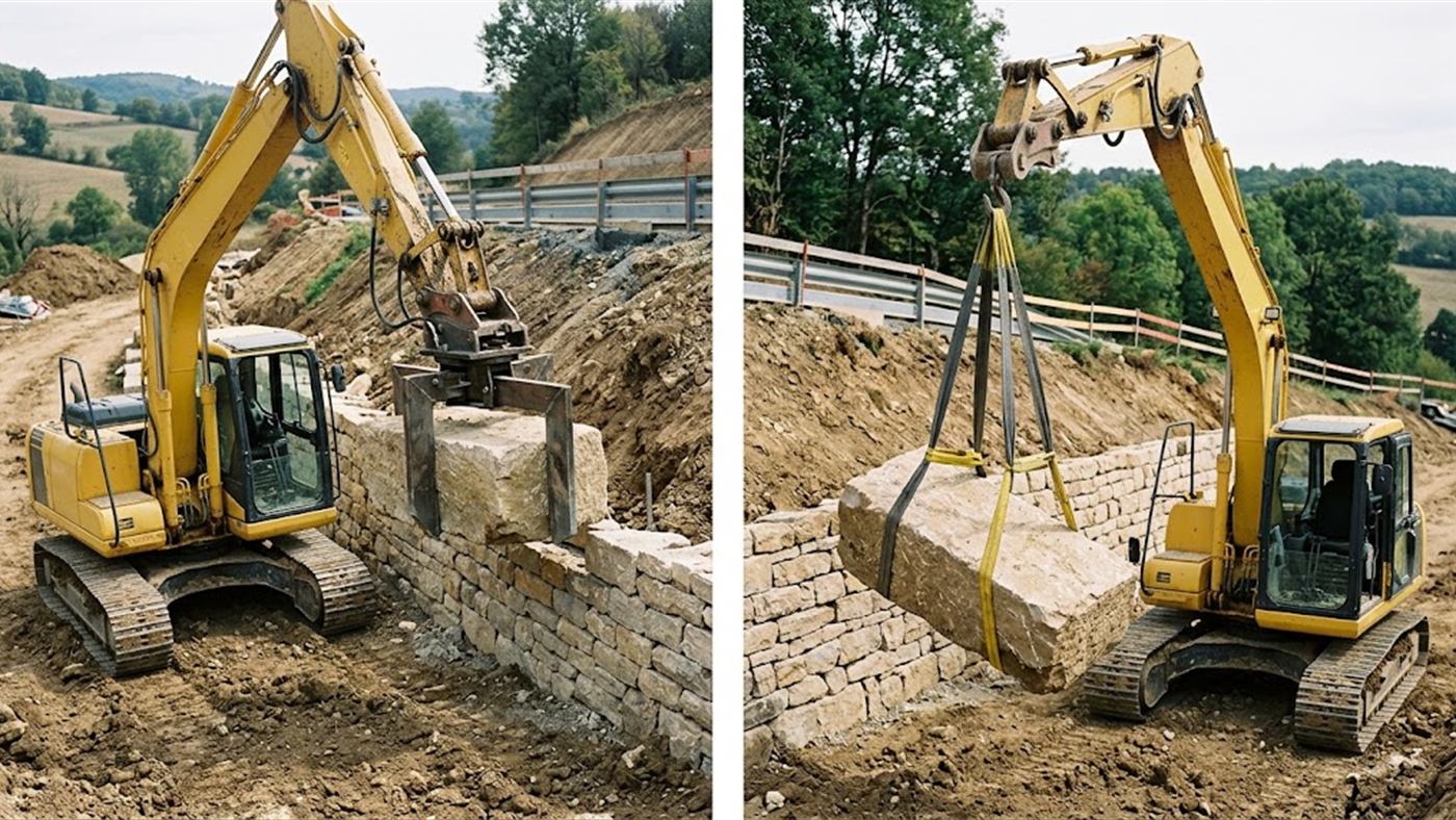 À gauche, la pince serre le bloc par ses faces et le pose sur le mur. À droite, à l'élingue, le bloc ceinturé de sangles penche et doit être guidé. Image de synthèse.
