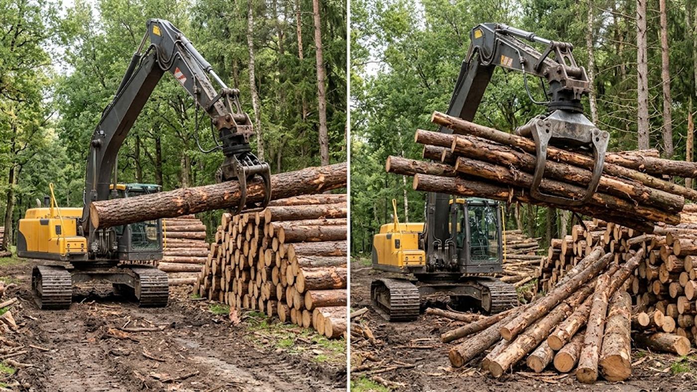 À gauche, la pince serre une seule grume et la pose alignée sur la pile. À droite, le grappin forestier prend une brassée de rondins et les dépose en tas. Image de synthèse.