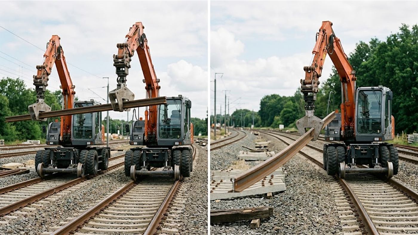 À gauche, pris en deux points espacés, le long rail reste droit et stable. À droite, tenu en un seul point, le rail fléchit et ses extrémités pendent. Image de synthèse.