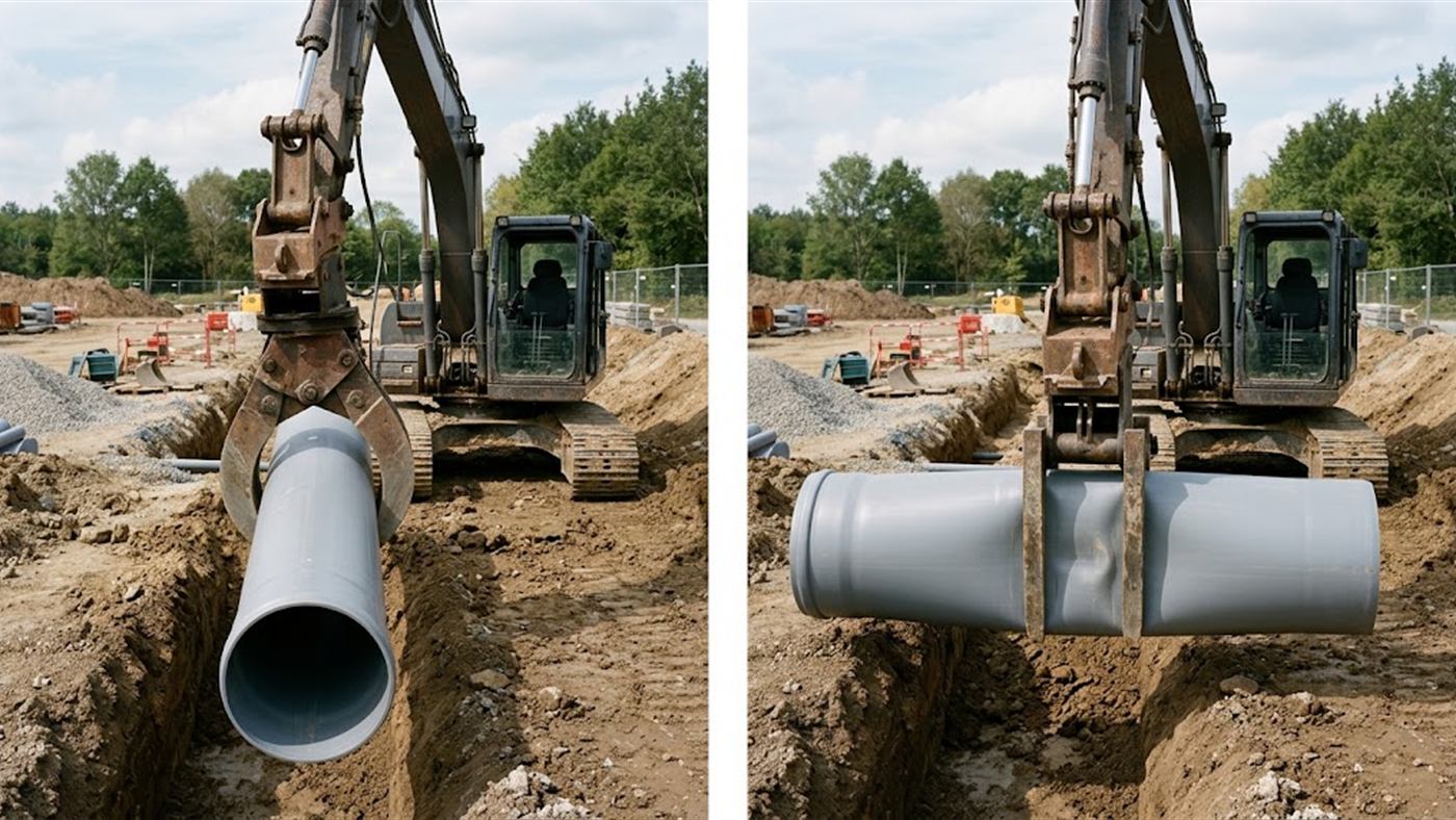 À gauche, les mâchoires courbes épousent le tube et le présentent dans l'axe. À droite, deux appuis étroits écrasent la paroi du tube aux points de serrage. Image de synthèse.