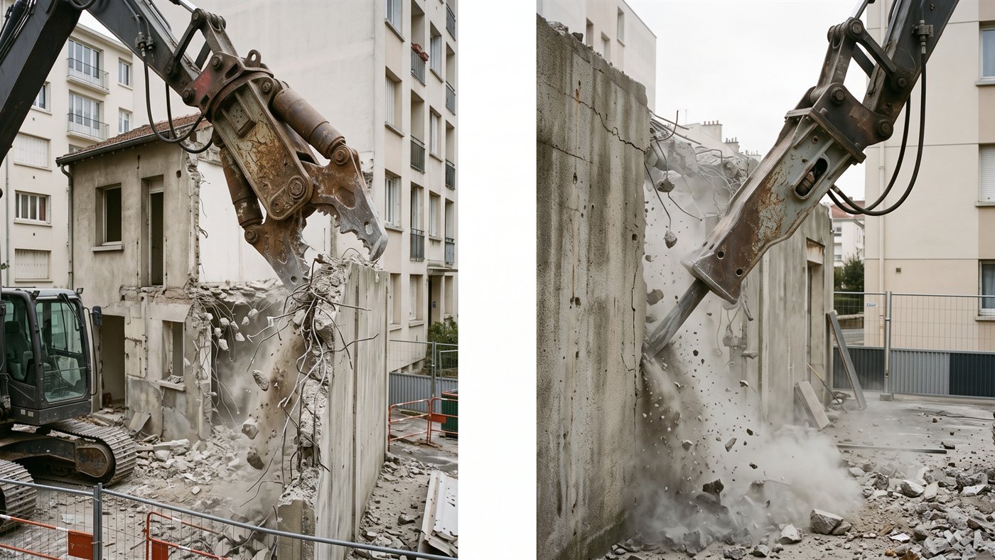 À gauche, les mâchoires serrent le mur, le béton éclate et les fers restent accessibles, sans percussion. À droite, le brise-roche frappe le même mur, il transmet la vibration et projette de la poussière. Image de synthèse.