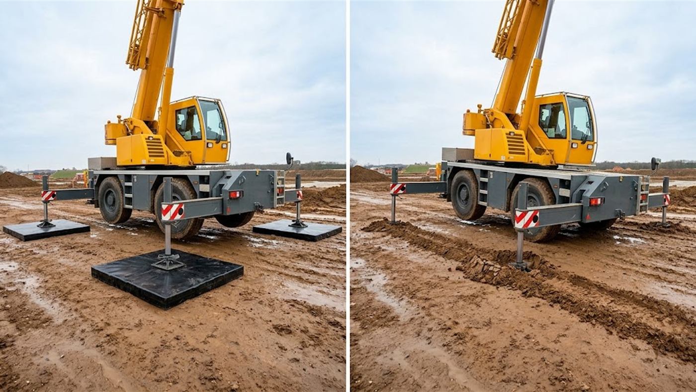 À gauche, sous chaque stabilisateur de la grue, une large plaque de calage répartit l'appui du pied sur le sol. À droite, sans plaque, le pied du stabilisateur s'enfonce dans la terre molle et la machine penche. Image de synthèse.