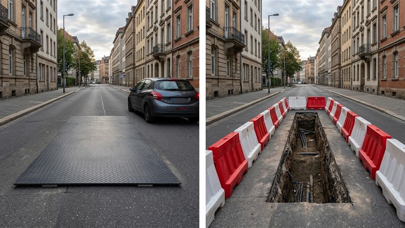 À gauche, une épaisse plaque d'acier couvre la tranchée ouverte en travers de la rue, la circulation continue. À droite, sans plaque, la même tranchée reste ouverte derrière des barrières et la rue est fermée. Image de synthèse.