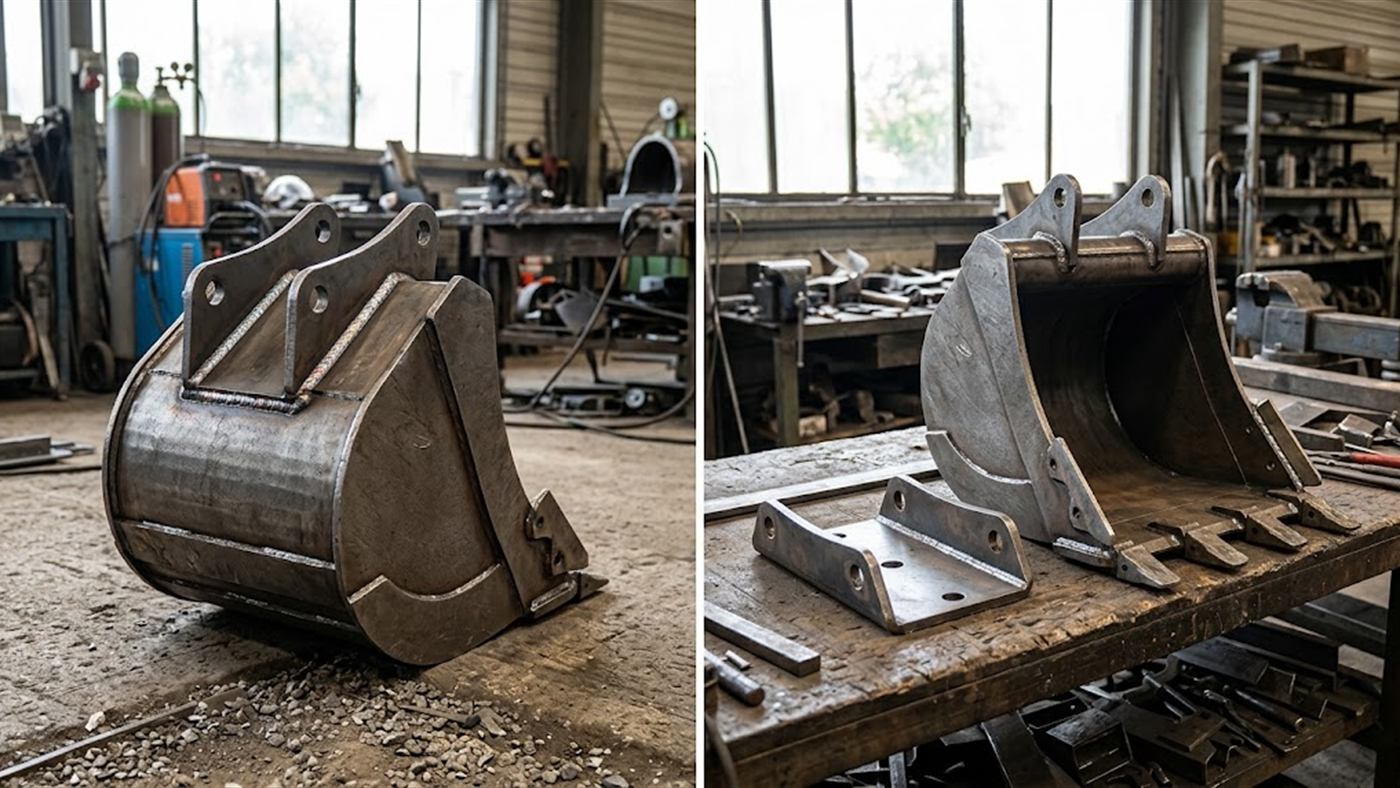 À gauche, le godet porte sa platine soudée et prend le standard de la machine. À droite, le même godet nu, sans interface, sa platine posée à côté. Image de synthèse.