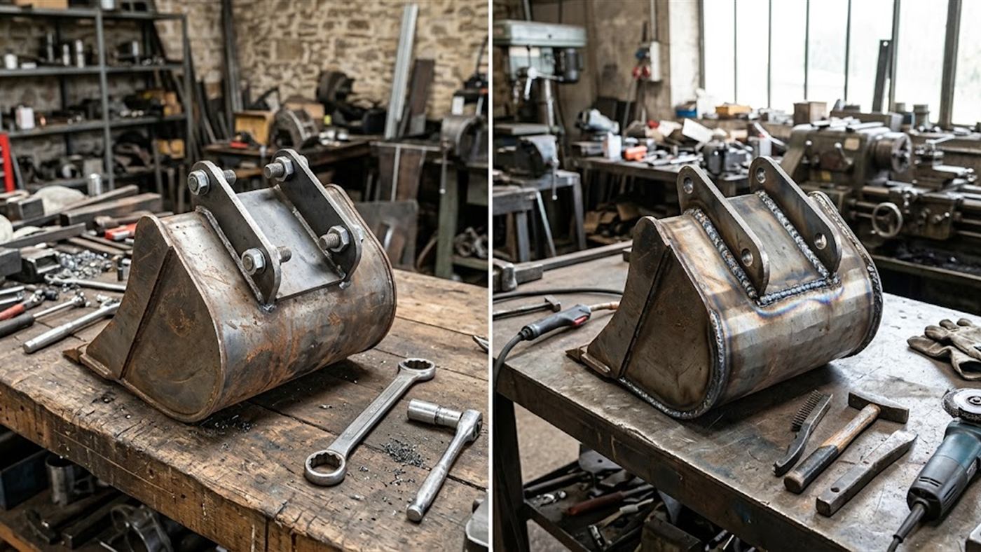 À gauche, la platine boulonnée se démonte et se contrôle au serrage. À droite, la platine soudée est définitive et modifie l'acier de l'outil. Image de synthèse.