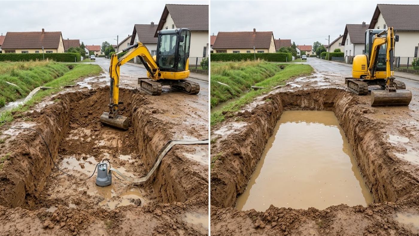 À gauche, la pompe posée au fond de la fouille rejette l'eau par un tuyau, le fond est presque sec et la mini-pelle reprend le travail. À droite, sans pompe, la fouille est pleine d'eau boueuse et la mini-pelle attend au bord. Image de synthèse.