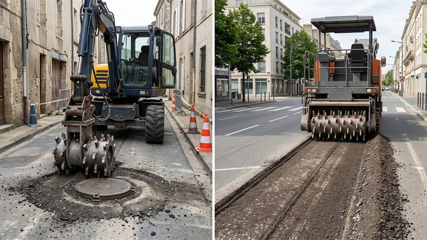 On the left, the planer carried by the excavator takes up the asphalt around a manhole cover. On the right, the self-propelled road planer works in a straight line on a wide carriageway. Computer-generated image.