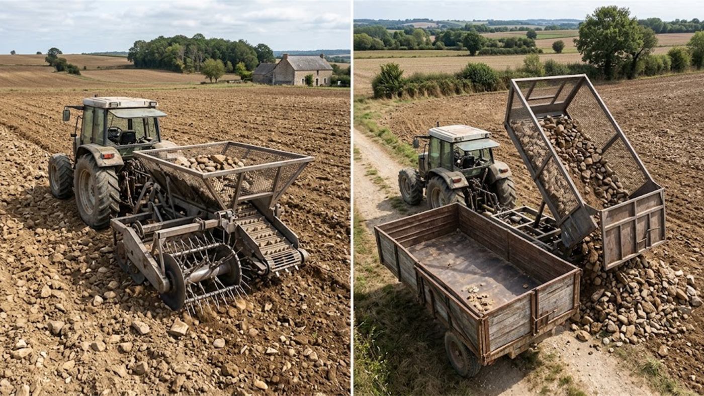 À gauche, les râteaux ramènent les pierres, le peigne les soulève dans la trémie. À droite, en bout de champ, la trémie pleine se vide dans une remorque. Image de synthèse.
