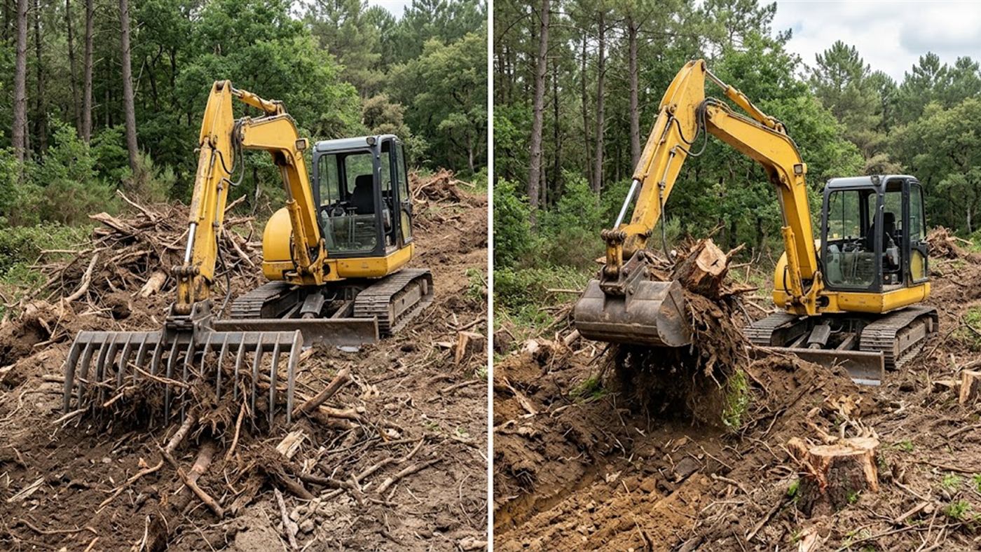 On the left, the rake catches stumps and roots, the fine soil falls back between the tines. On the right, the bucket takes the topsoil away with the stumps and strips the plot. Computer-generated image.