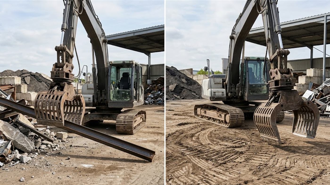 À gauche, le rotateur oriente le grappin sur la pièce de biais, la machine ne bouge pas. À droite, sans rotation, la machine doit manœuvrer pour s'aligner sur la pièce. Image de synthèse.