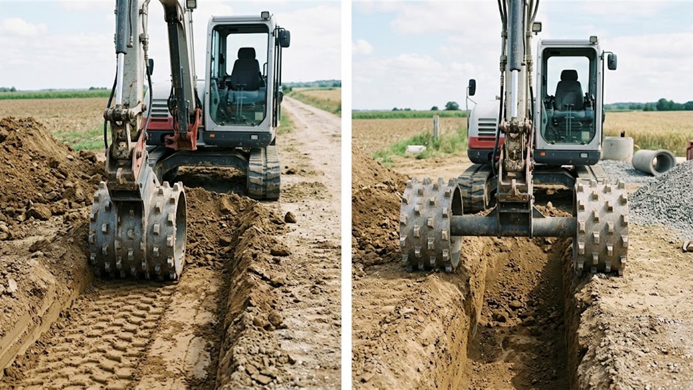 Links: das Rad mit Stollen, so breit wie der Graben, verdichtet die Verfüllung an der Sohle. Rechts: zu breit, liegt das Rad an den Rändern auf und verdichtet die Sohle nicht. Computergeneriertes Bild.